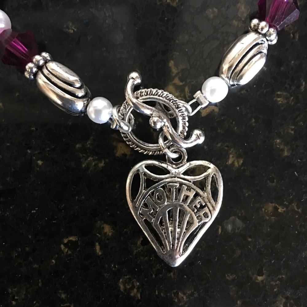 Mother Heart Charm Beaded Bracelet Stretchable